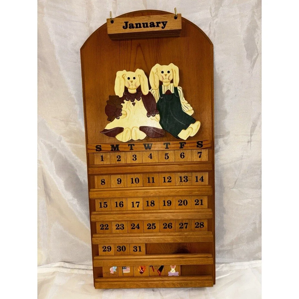 Vintage Wooden Perpetual Calendar Bunnies Cottage Core Decor